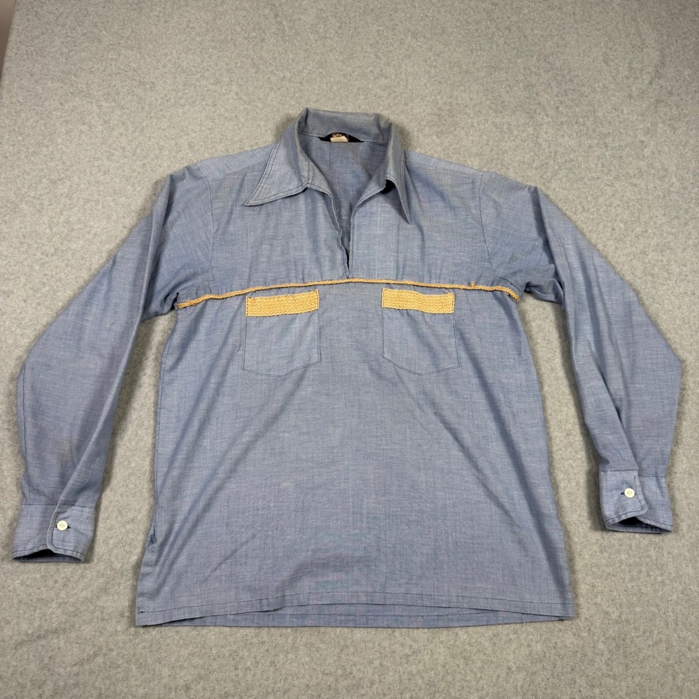 Vintage 70s JCPenney Mens Blue Long Sleeve Shirt Rope Trim Size M Western
